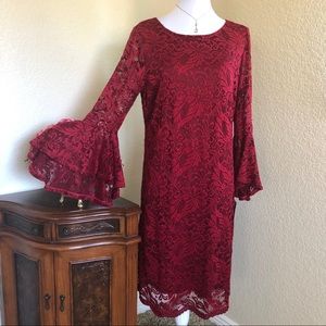 Ronni Nicole Red Lace Bell Sleeve Dress
